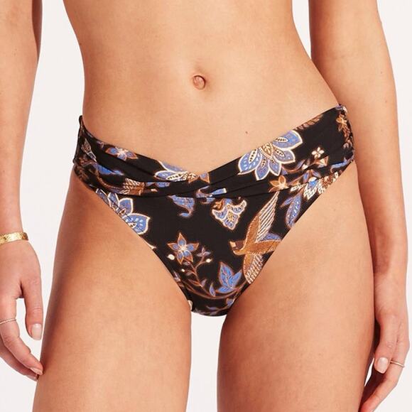 Seafolly Australia Twist Band Hipster Swim Bikini Bottom Silk Road Black NWT 12 - Picture 1 of 7